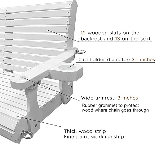 Miniatura 4 de Columpio de madera para porche de 2 plazas, columpio de banco con portavasos, cadenas colgantes y resortes de 0.276in, resistente 800 libras, para
