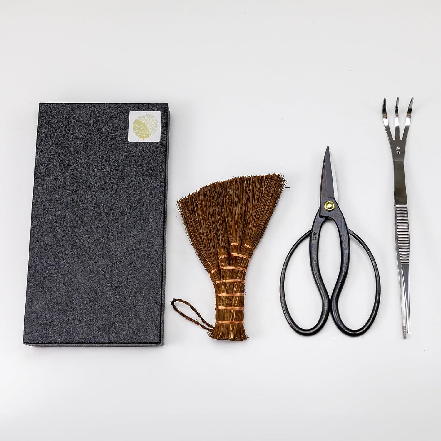 Wazakura Japanese Bonsai Garden 3PCS Tool Starter Kit, Made in Japan, Traditional Bonsai Scissors, Stainless Tweezers with Rake, Chinese Broom. Beginner Set wit Tweezers, Shears and Brush