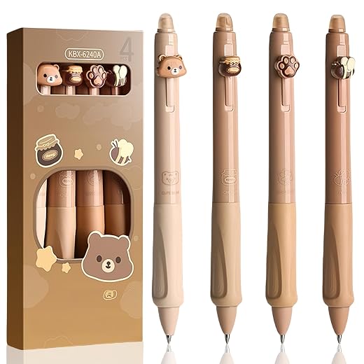 Lot de 4 Stylo Effacables - Stylo Kawaii Ours, Abeille, Patte, Pot de Miel -Avec Bille sur L'extrémité Pour Effacer L'encre - Stylo Animaux Retractable et Ergonomique - Bleu Pointe 0,5 mm