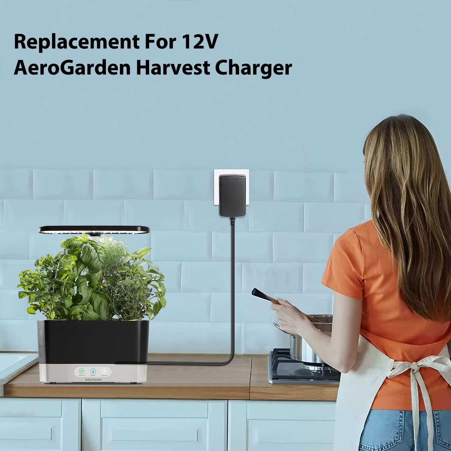 A woman plugging the HKY adapter into a wall outlet, powering an AeroGarden Harvest unit on a kitchen counter.