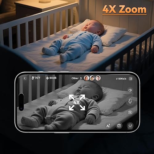 Miniatura 4 de Monitor inteligente de bebé AI, cámara de habitación de bebé 1080P, APP, detección de AI, monitor de llanto, canciones de cuna, visión nocturna,