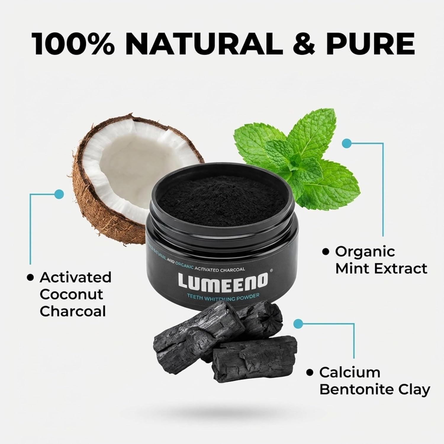 Lumeeno All Natural Organic Activated Charcoal Teeth Whitening for Sensitive Tooth and Gum - Whiten, Clean and Detoxify - Vegan - No Chemicals - Zero Bleach Whitener Enough for 150+ Uses image 3