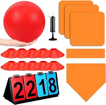 Jenaai 18 Pcs Sports Kickball Set Includes Playground Ball 5 Rubber Bases Ball Pump Scoreboard Net Bag 10 Foul Line Cones for Adults Playground Backyard Game10 Inch,Orange