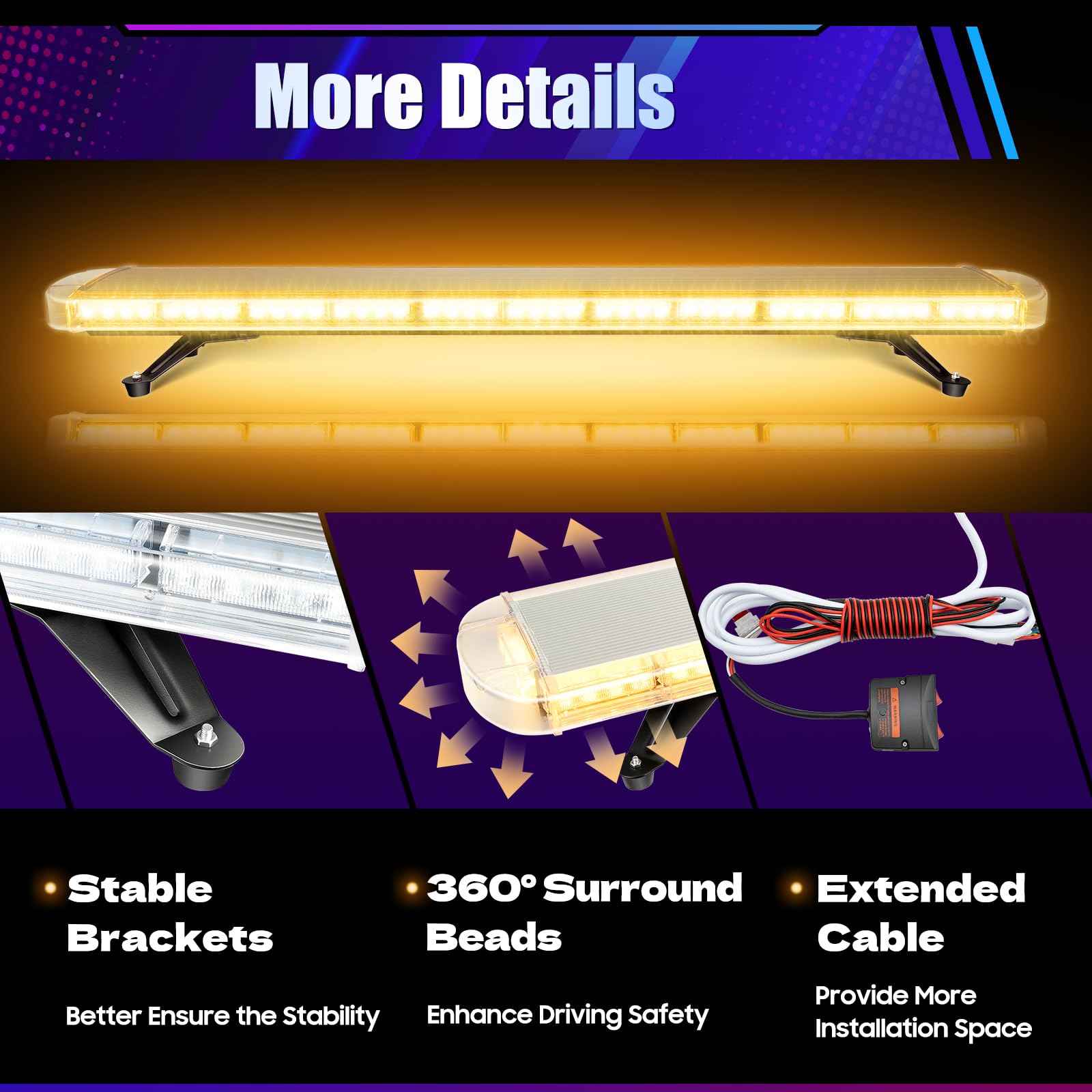 96 LED zwaailicht, zwaailicht, controle-schakelaar, stroboscooplicht, waarschuwingslicht, hoge helderheid, bake stroboscoop noodlicht, amber, DC 12V-24V