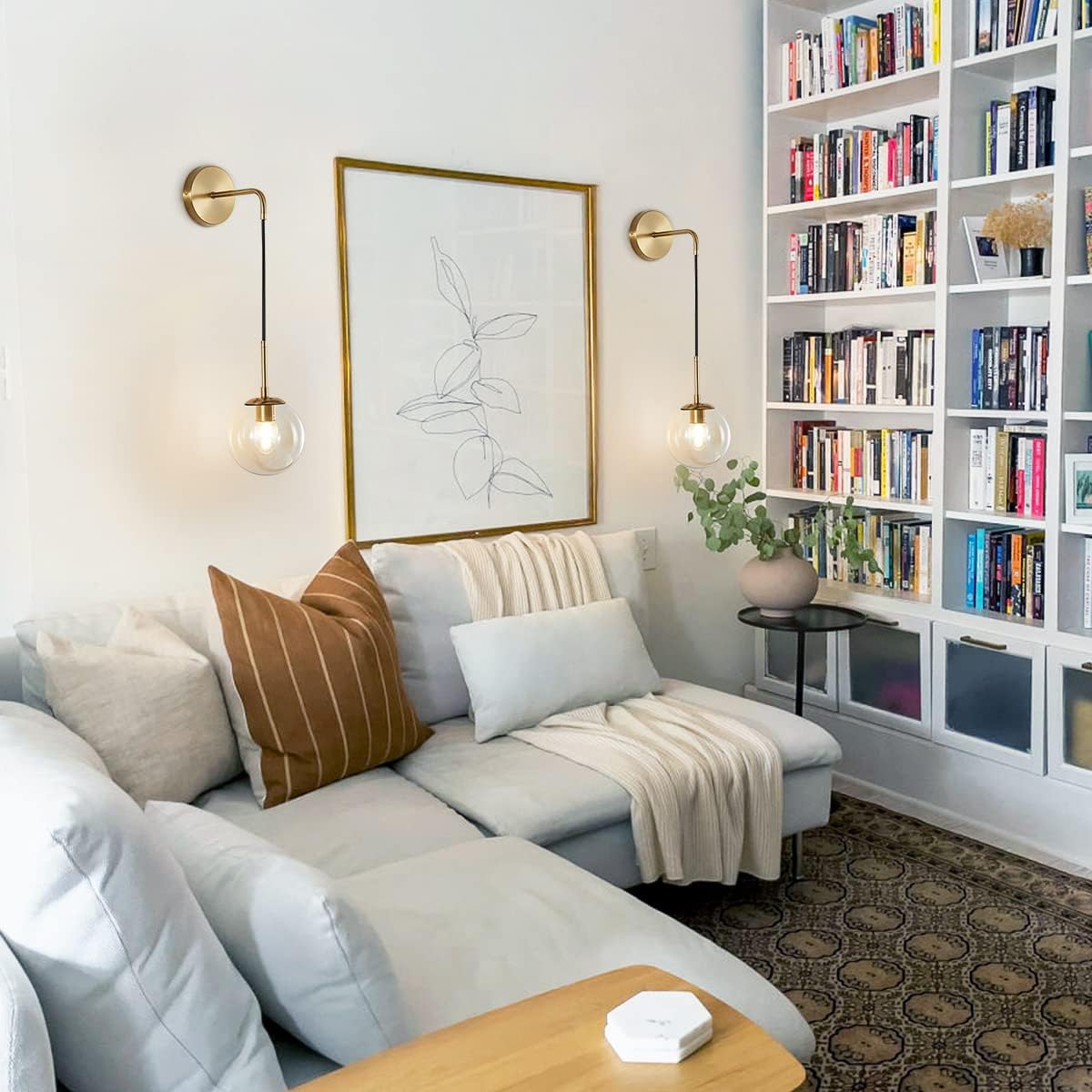 BOKT Mid Century Modern Globe Wall Sconce Lighting Set of 2 Brushed Brass Gold Amber Glass Round Wall Light Fixture Set of Two Vintage Vanity Bathroom Globe Wall Lamp (Amber)