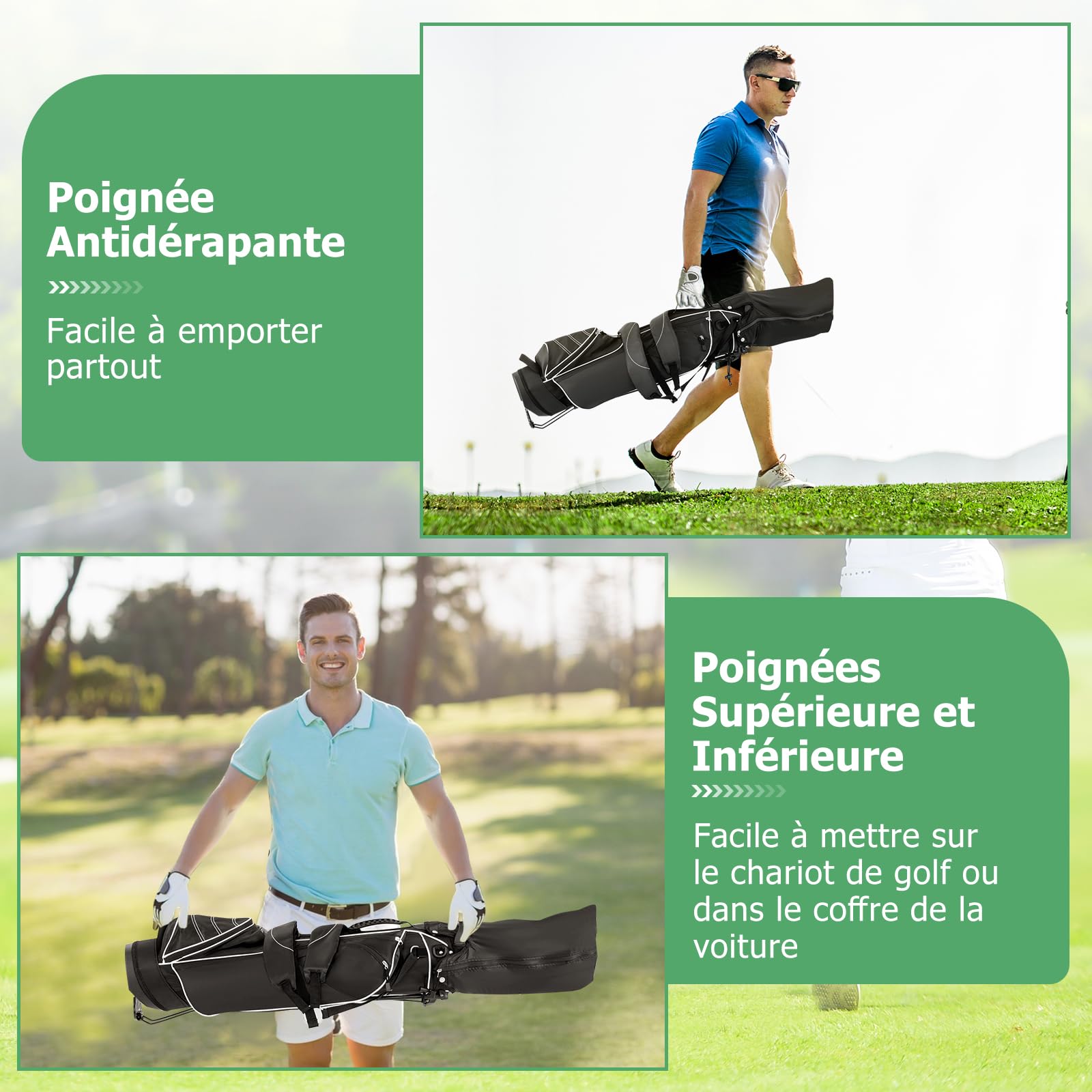 GYMAX Sac de Golf Trépied Léger, avec 4 Séparateurs pour Clubs, 4 Poches pour Tees, Boissons, Vêtements, Pieds Solide avec Patins Antidérapant, avec Capuche de Pluie