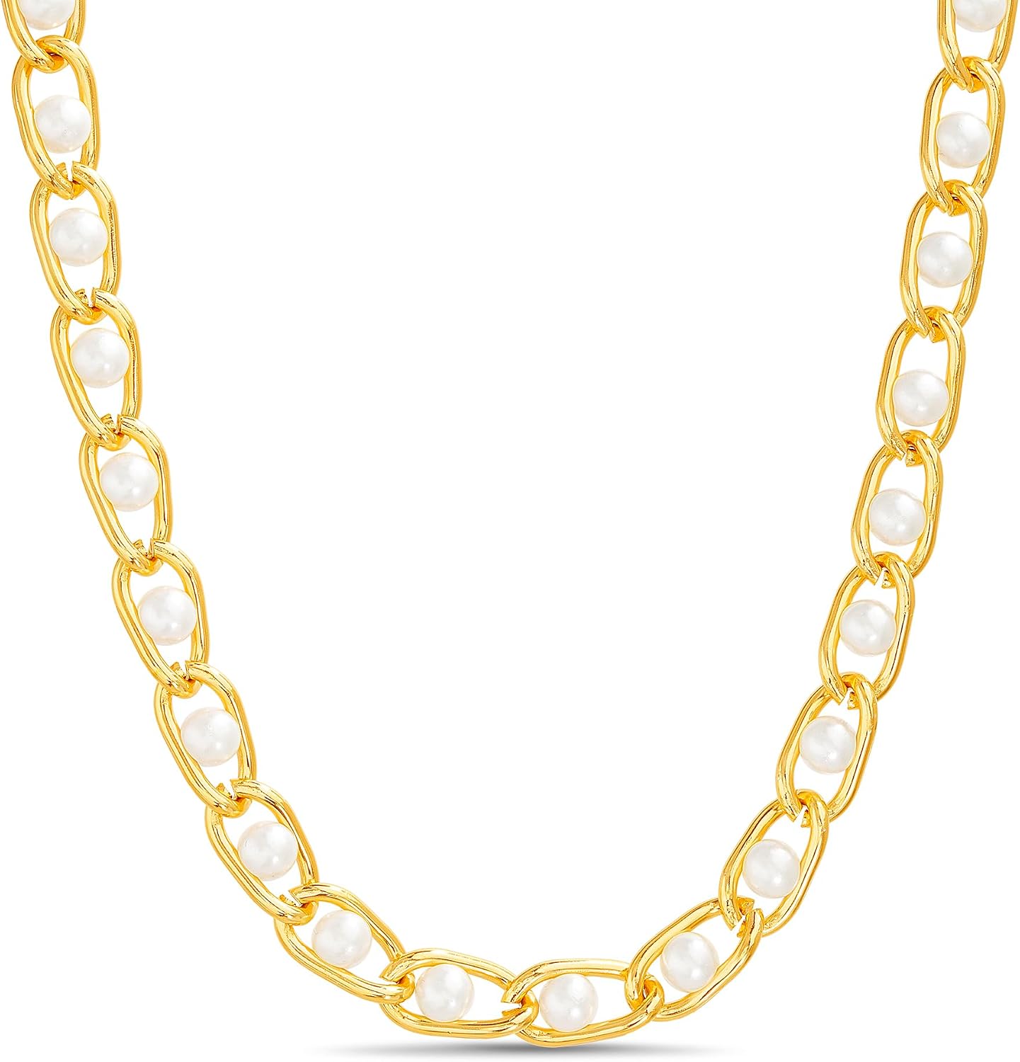 Nautica Simulated Pearl Chain Necklace for Women 14K Yellow Gold Plated Alloy 17.5 Inches