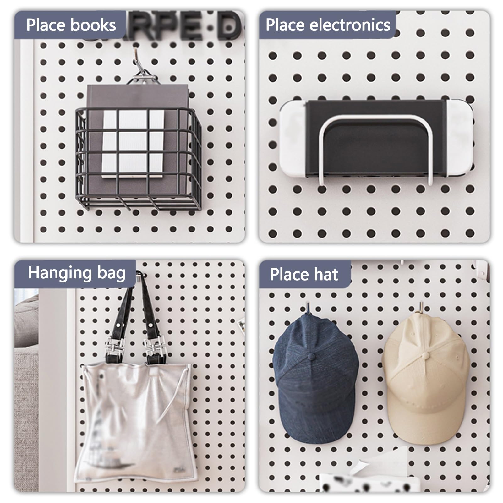 Kit de paneles de pared de tablero perforado blanco, tablero de exhibición de acero de 120 x 50 x 2 cm con 10 ganchos para hogar, oficina, dormitorio, garaje, solución de almacenamiento modular para