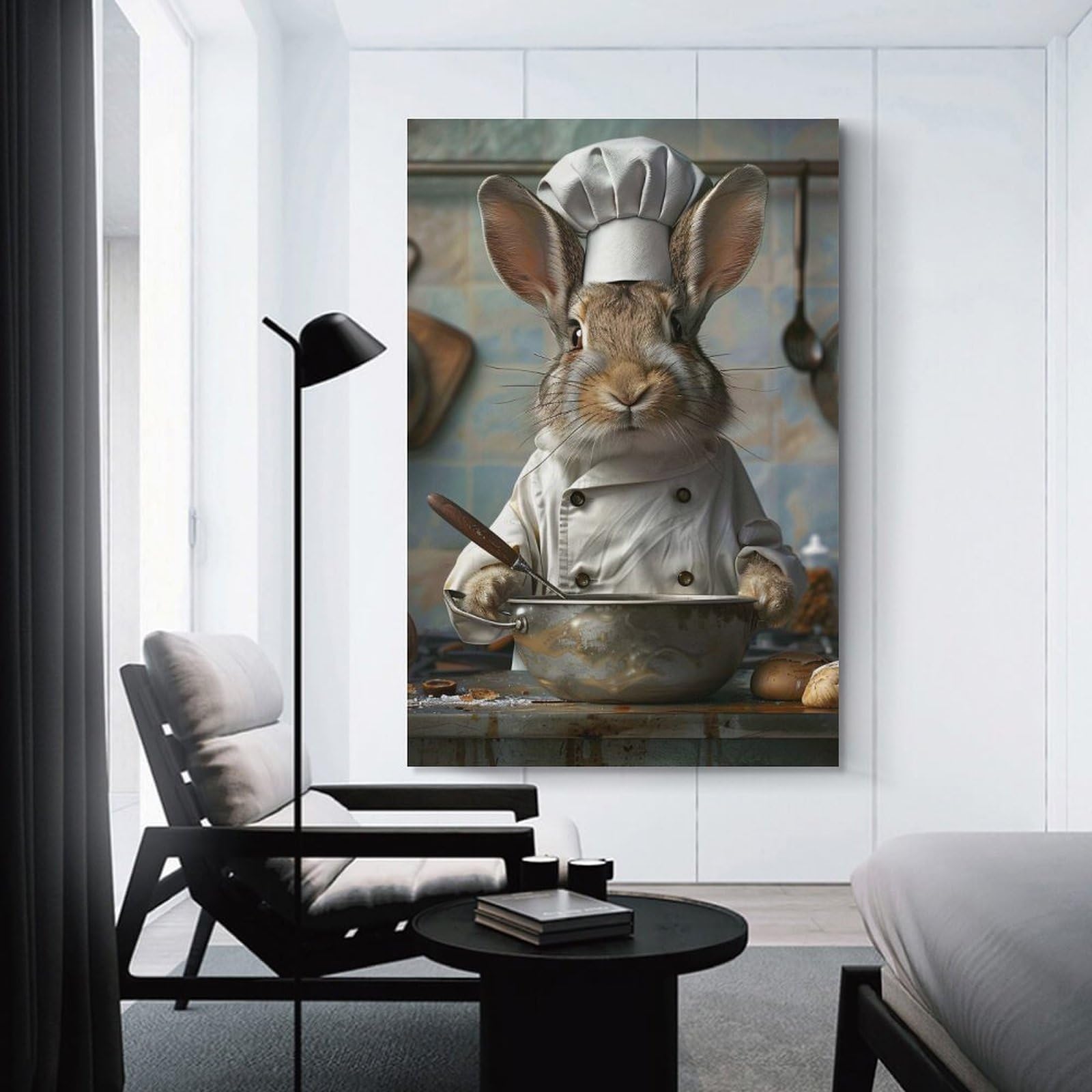 Junmoney Unframe-Style-14 Rabbit Chef Mixing In Kitchen Wall Art Print 20X30inch(50X75cm), For Picture Wall Styling In Lounge Or Bedroom, A Versatile Canvas Print For Layering