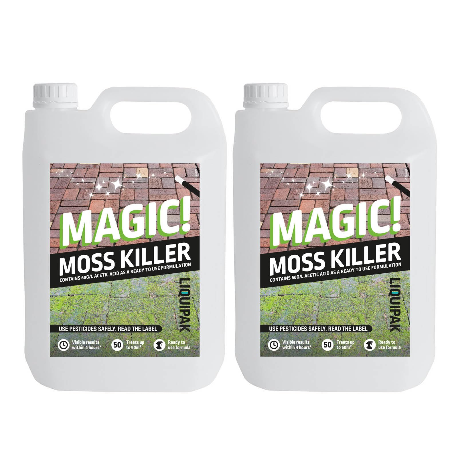 Liquipak Magic Moss Killer 2 x 5 Litres - Glyphosate-Free, Fast-Acting Formula, Safe for Pets & Children Once Dry, Ready-to-Use Moss Control for Patios, Paths, Driveways & More - Includes Hose Trigger
