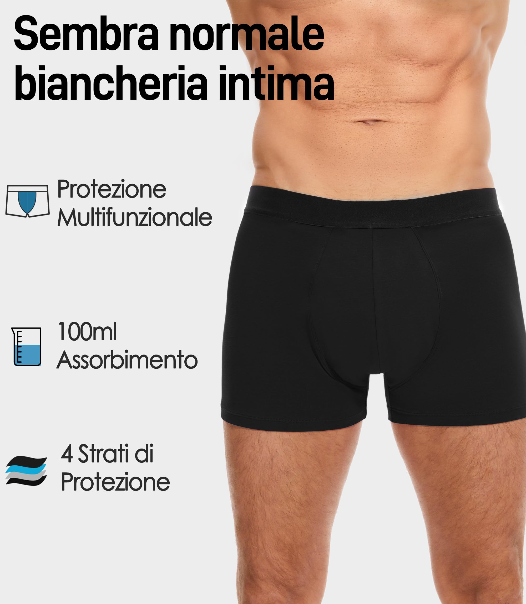 FORVEVO 3 Pack Mutande Incontinenza Uomo,Cotone Boxer Incontinenza Uomo de 100ml,Mutande Assorbenti Uomo Intimo a Prova di Perdite,Riutilizzabile Mutande Uomo(Nero,L)