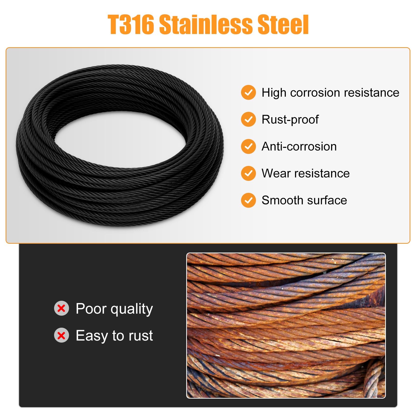 Cable de acero inoxidable 3/16 negro grueso, cuerda de alambre de 100 pies
