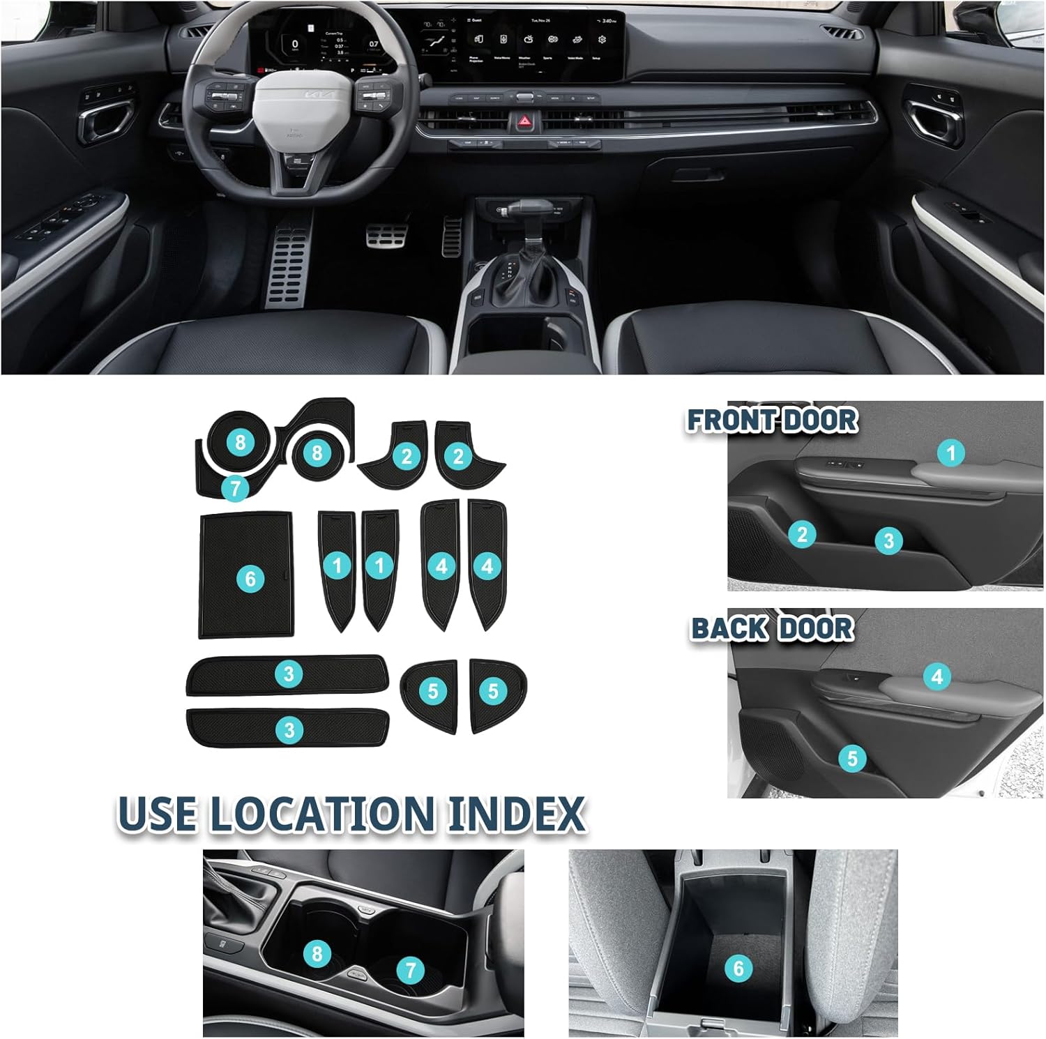 2025 2026 K4 Door Slot Mats,for Kia K4 2025 Accessories Anti-Slip Interior Rubber Mats Center Console Liner Compatible with 2025 2026 Kia K4 GT-Line/LX/LXS/EX/GT-Line Turbo(14PCS/Sets)