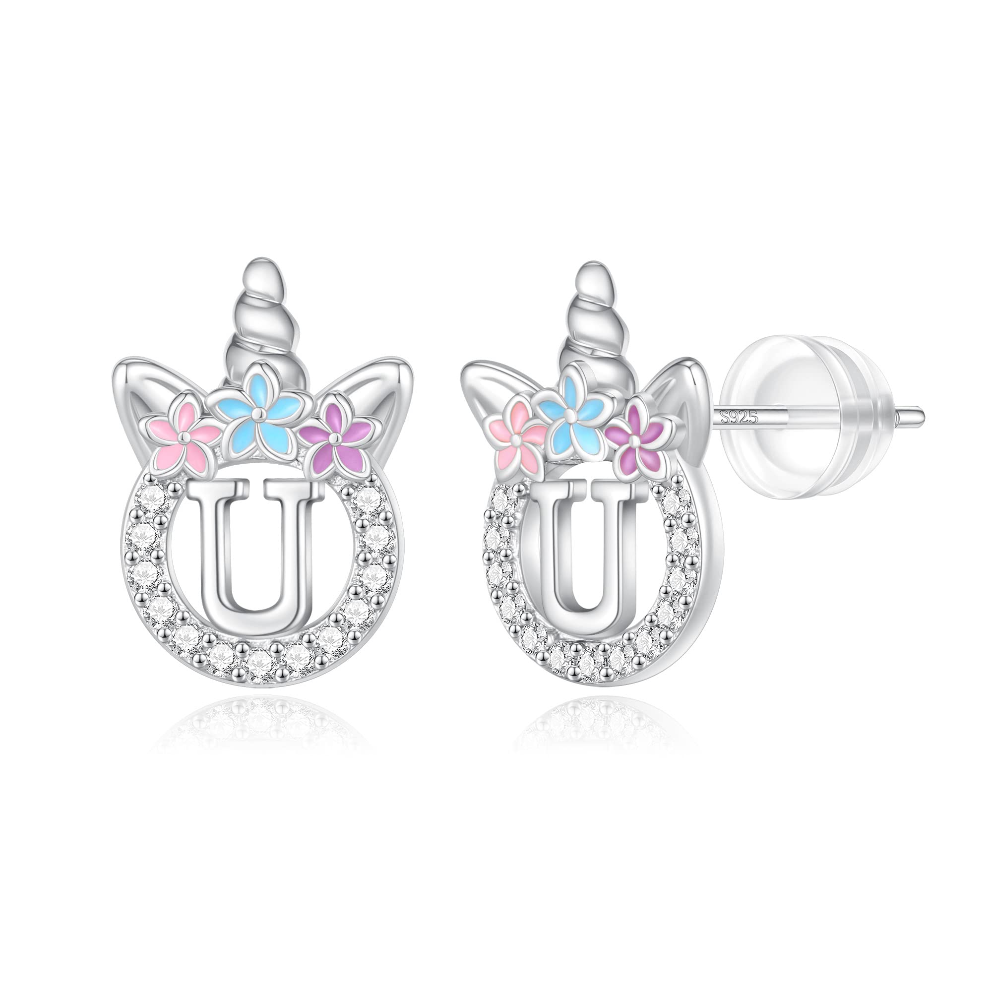 Unicorn Earrings Gifts for Girls - 925 Sterling Silver Stud Earrings Hypoallergenic Initial Unicorn Earring for Girls Kids Jewelry CZ Birthday Gifts