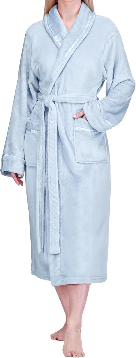 PAVILIA Albornoz de forro polar para mujer con ribete de satén, albornoz largo suave de felpa, bata de casa acogedora con cuello chal y bolsillos