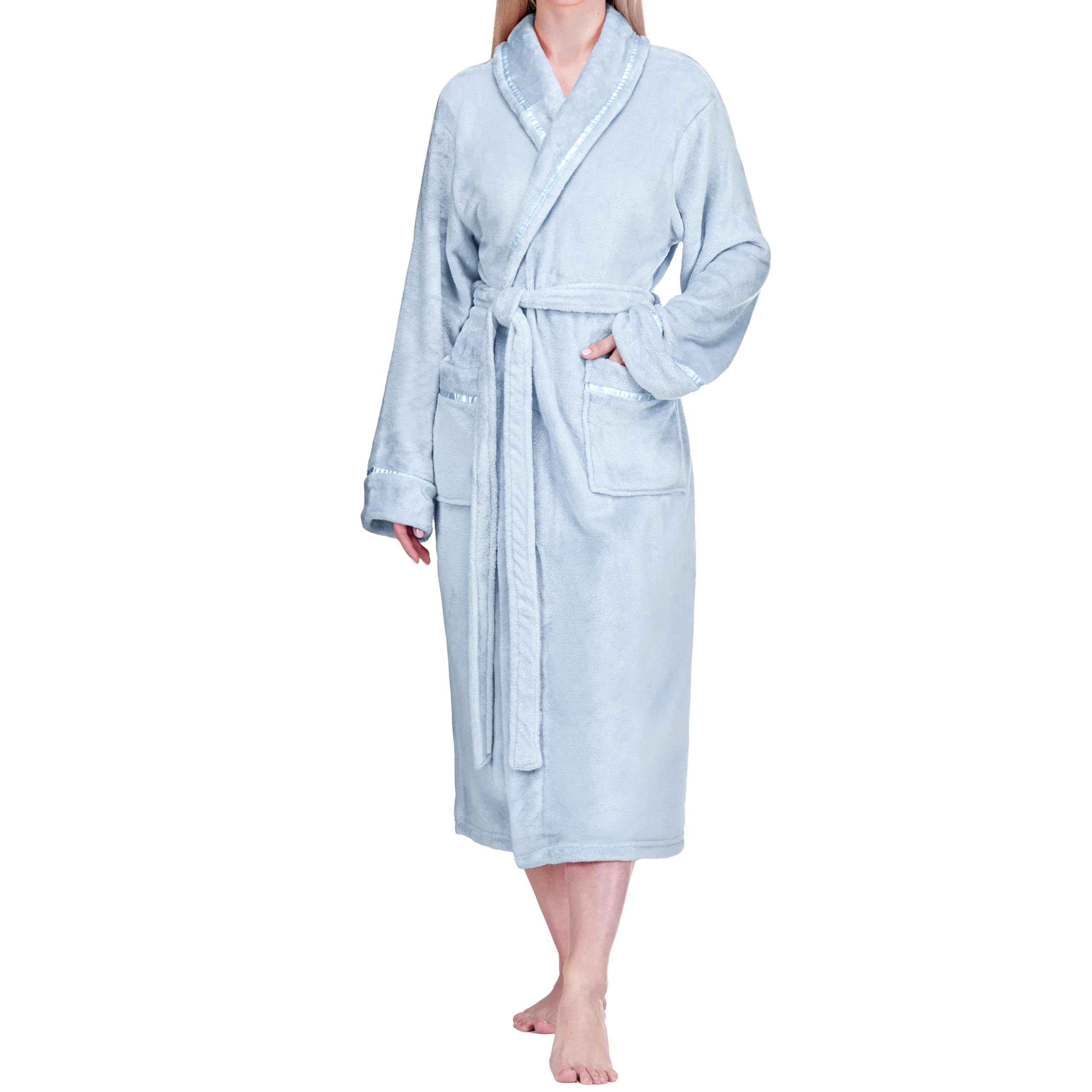 PAVILIA Womens Fleece Robe with Satin Trim, Plush Soft Long Spa Bathrobe, Cozy Shawl Collar Housecoat with Pockets