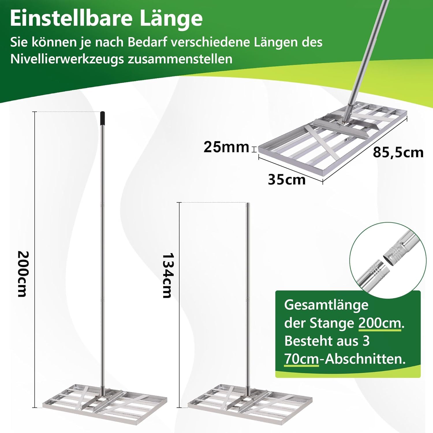 85*35cm Edelstahl Rakel Rasen mit 2m Einstellbare Stiel Rechen Rasenrechen | Nivellierrechen Sanden Topdressing Flächen Lawn Leveler Flächenebner Rasenschieber Levelingrake für Hof Garten Golf