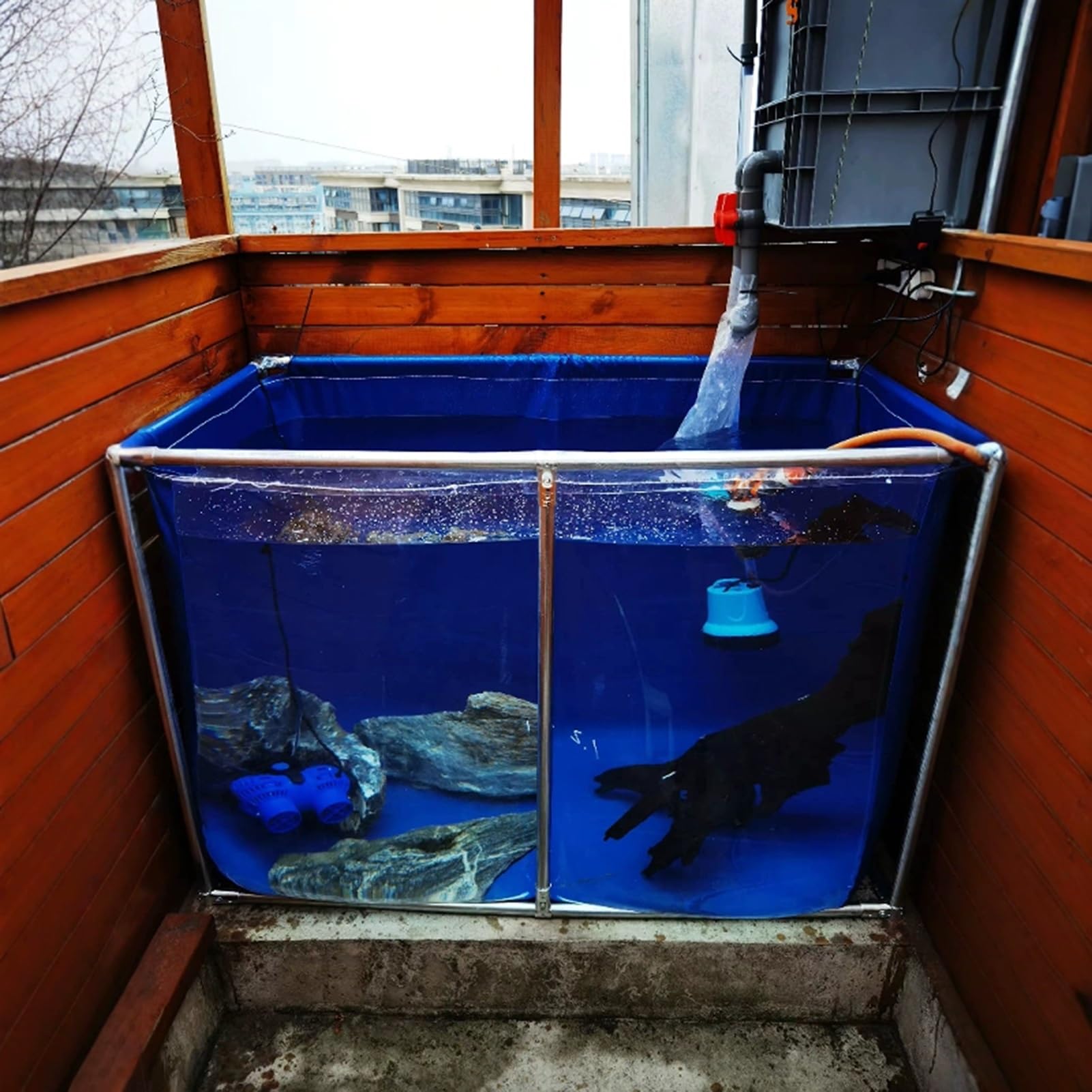 Estanque flexible de PVC con marco de acero inoxidable para interiores y exteriores, acuario de peces con panel de visualización
