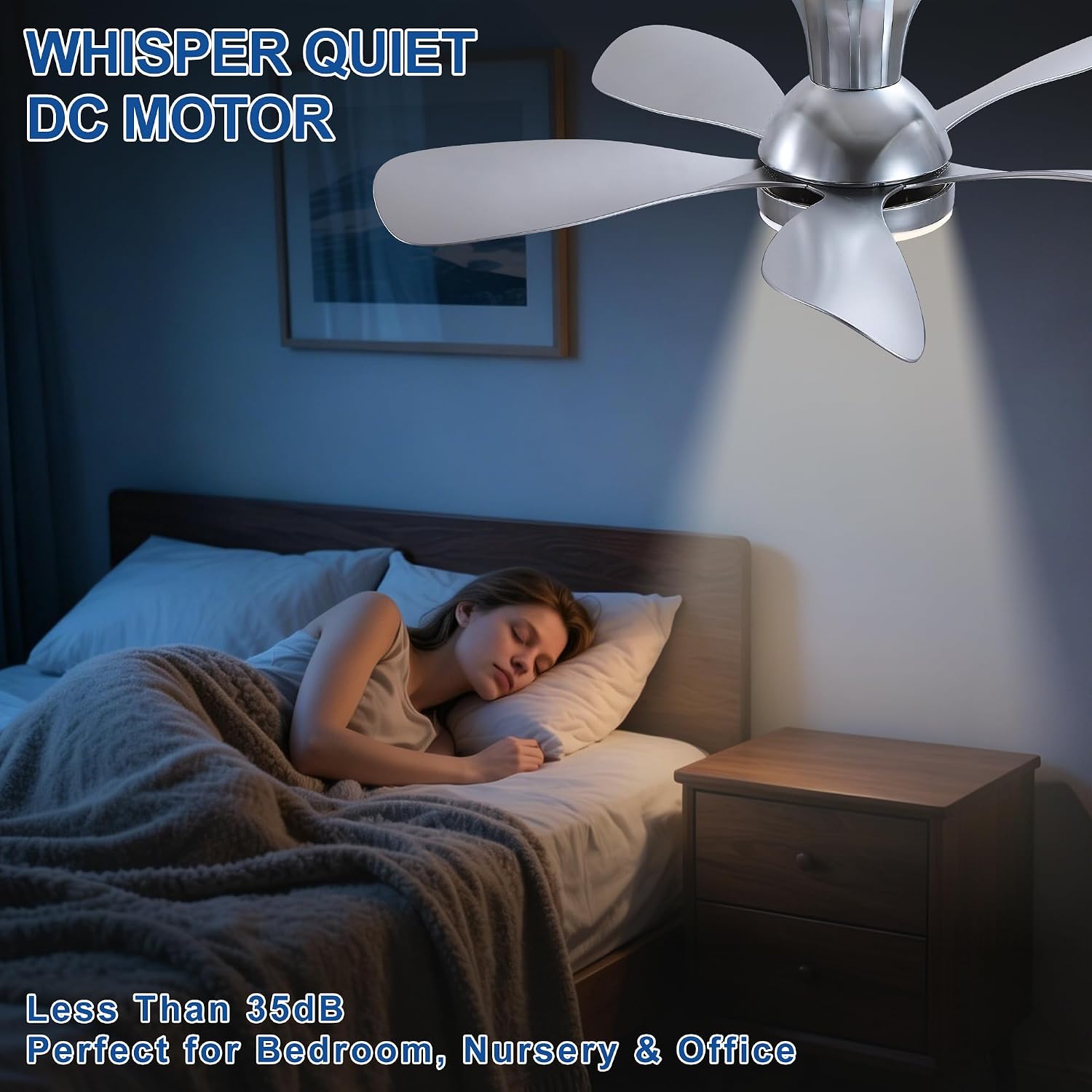 Image showing a hand holding a smartphone with the NKPU app interface, alongside the physical remote control, highlighting smart control options for the ceiling fan.