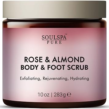 SOULSPA PURE Rose & Almond Body & Foot Scrub - Rejuvenating & Hydrating Exfoliating Body Scrub for Luxurious Skin Care, 10 oz