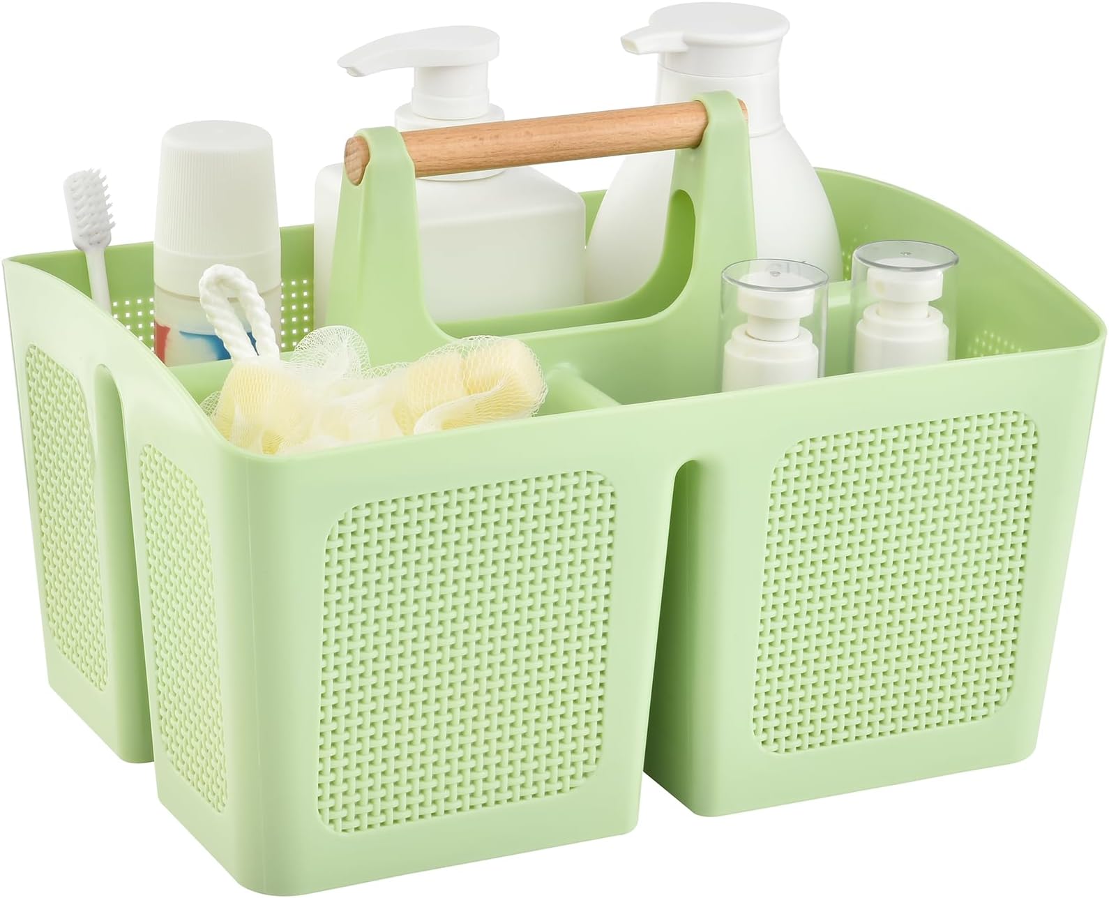 ALINK Portable Shower Caddy Basket with Compartments, Plastic Divided Cleaning Caddy Organizer Storage Tote with Handle for Bathroom, College, Dorm Room Essentials - Green