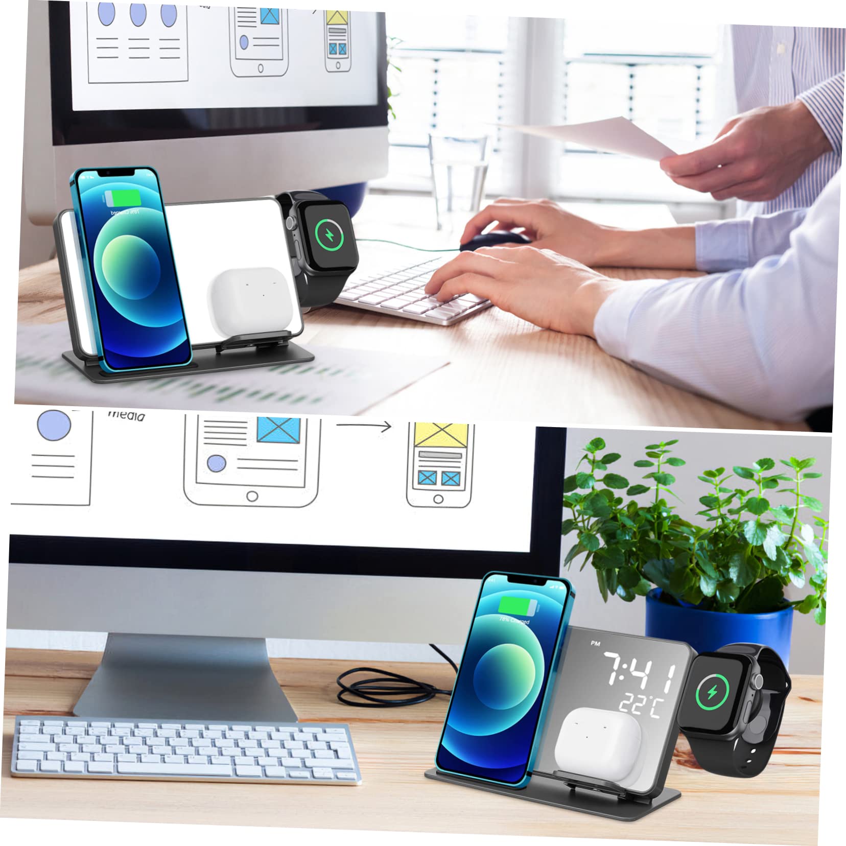 Station de Charge sans Fil Multifonctionnelle avec Réveil Numérique et Affichage de Température Compatible avec Samsung et Montres Charge Rapide pour Maison et Bureau