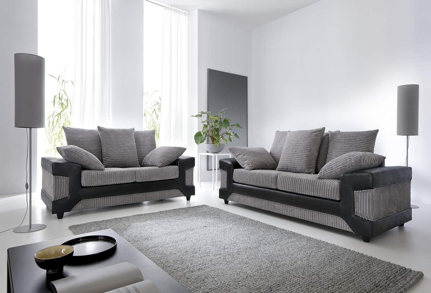 Abakus DirectDino 2+3 Sofa Set in Black & Grey Jumbo Cord and Faux Suede