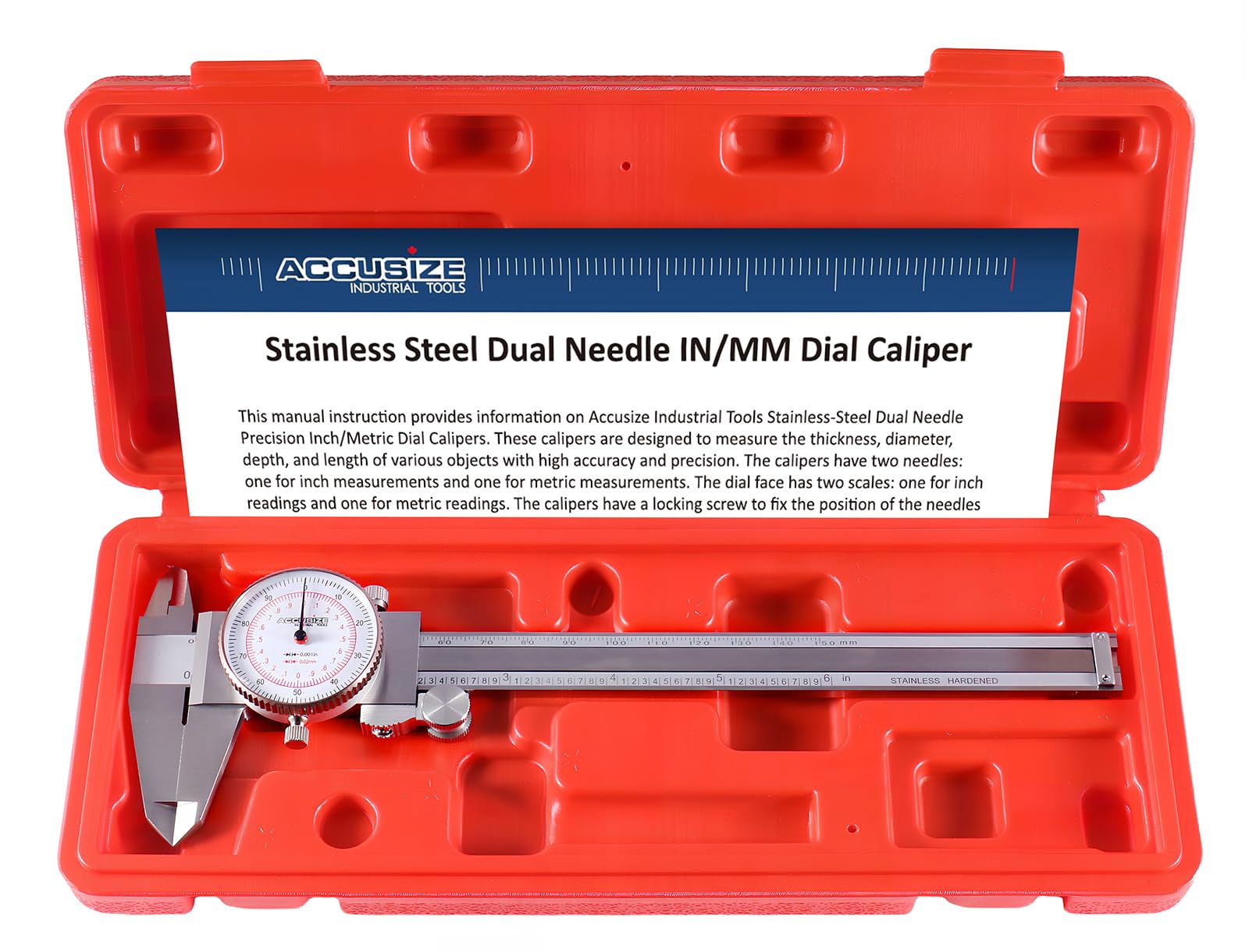 Accusize - 6 x 0.001/150mm x 0.02mm, Inch/Metric Dual Needle Precision Dial Caliper Stainles Steel, In Fitted Case, #P920-S236 by Accusize Industrial Tools