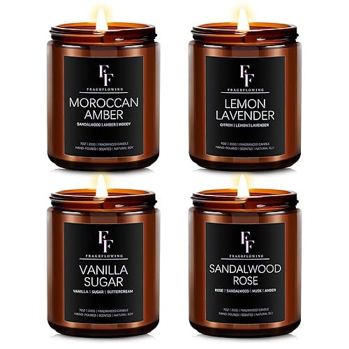 Scented Candles for Home Scented Aromatherapy Candles, 4 Pack 28 Oz Soy Wax Candle Gift Set for Women Men (Lemon Lavender/Vanilla Sugar/Sandalwood Rose/Moroccan Amber) - Lavender/Vanilla/Sandalwood/Amber