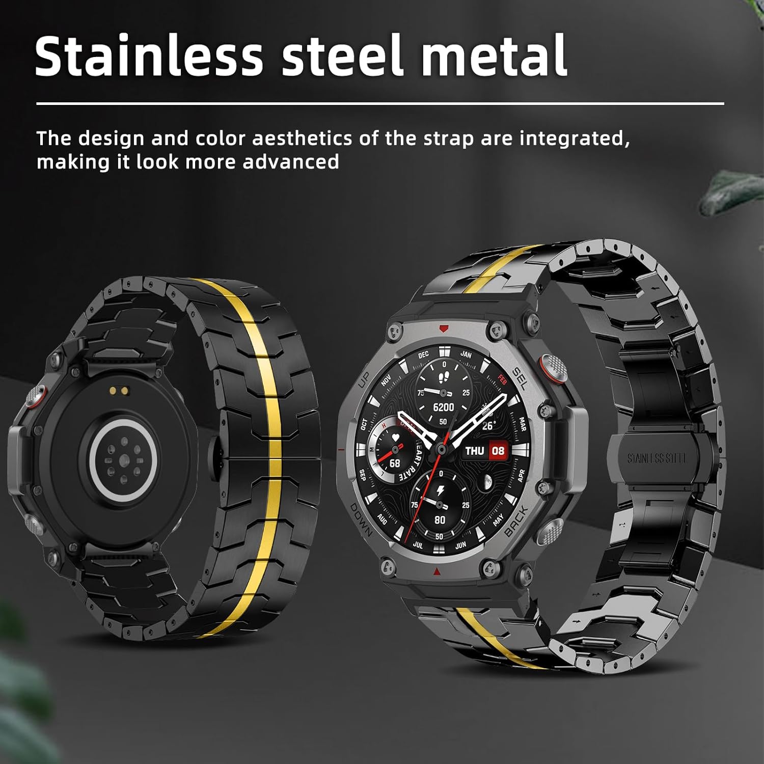 Metal Band for Amazfit T-Rex 3 48mm, Stainless Steel, Metal Adjustable Strap, Men Women, No Gap Replacement Bracelet Wristband for Amazfit T-Rex 3 48mm - Black Gold