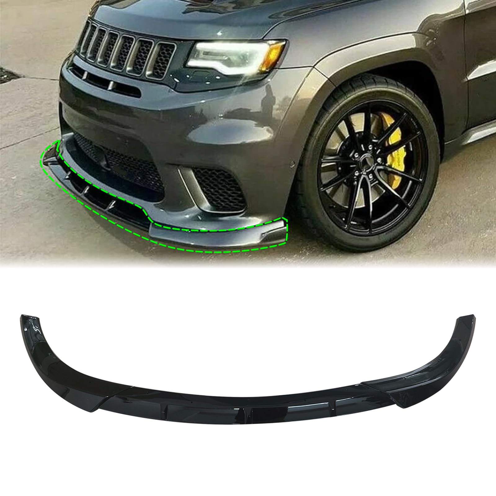 3PCS Glossy Black Front Bumper Lip Compatible with 2014-2021 Jeep Grand Cherokee SRT/2018-2021 Trackhawk Front Bumper Lip Spoiler Kit