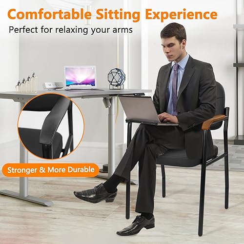 Miniatura 7 de CLATINA Leathert - Juego de 4 sillas de recepción sin ruedas, sillas de invitados de oficina con reposabrazos acolchados y soporte de madera, silla