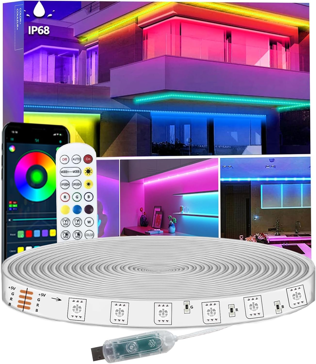 40FT RGB LED Strip Lights IP68 Outdoor Waterproof, 5V USB Powered, Music Sync Bluetooth APP/RF Remote Control Lights for Balcony,Deck,Camping,Garden,Bedroom Decor