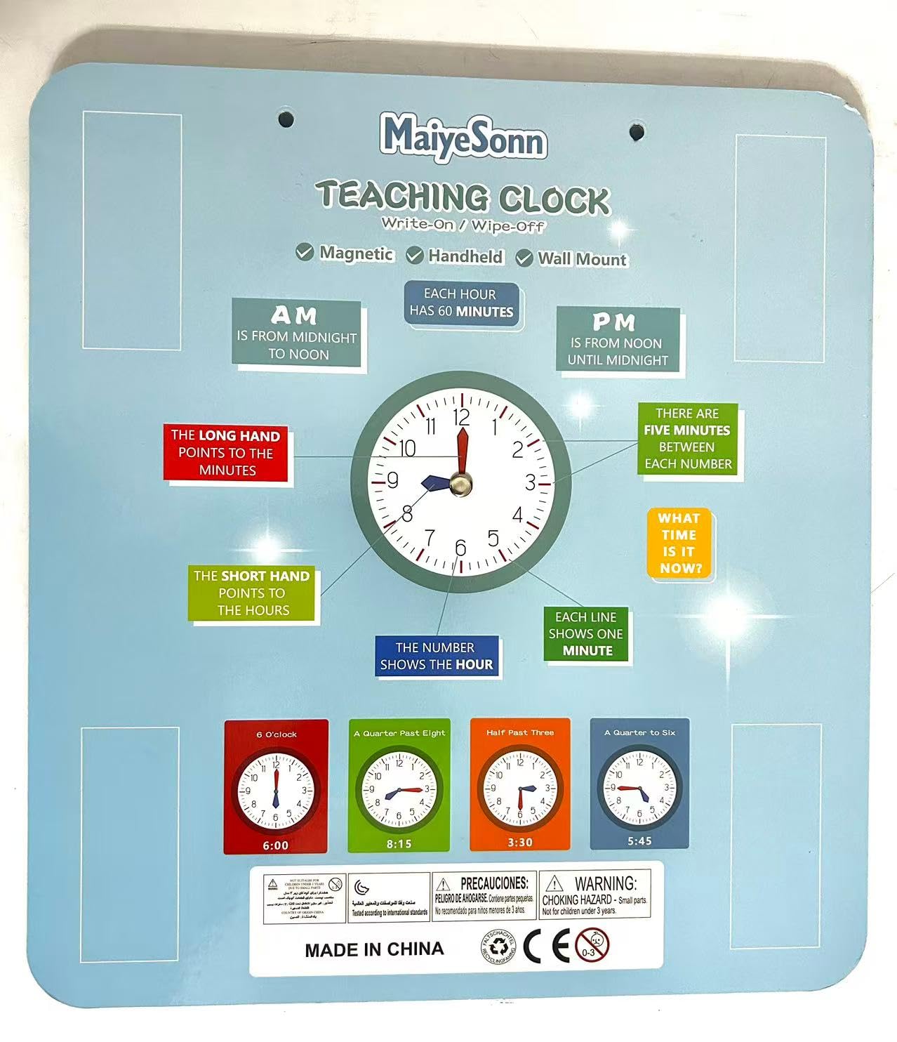Orologio didattico per bambini, grande, magnetico, scrivibile, cancellabile a secco, con penna, 30,5 cm, orologio dimostrativo per insegnare l'ora per imparare a leggere l'ora per i bambini, a casa