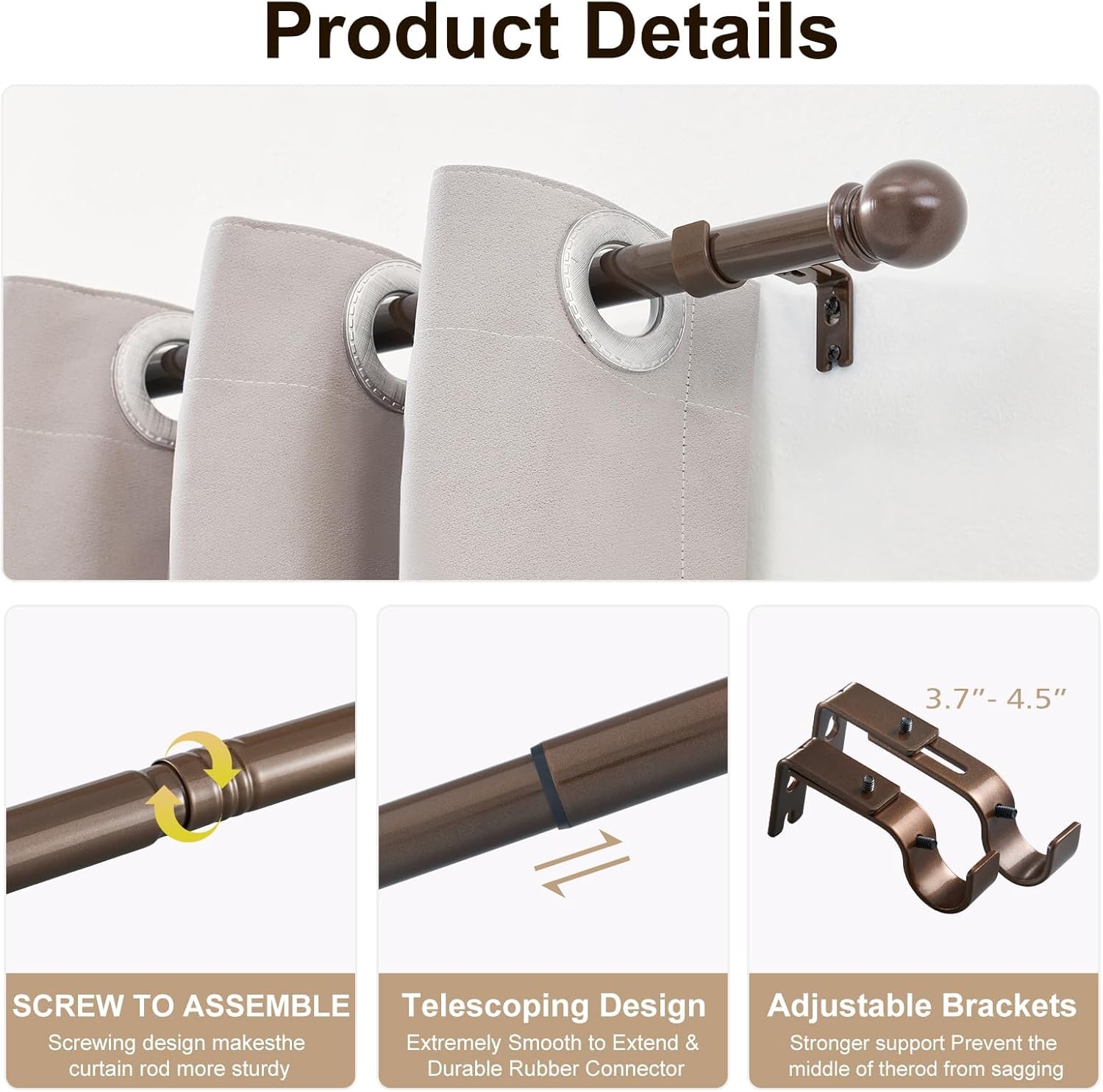 Curtain Rods for Windows 16 to 48 Inch (1.3-4 Feet), 2 Pack 1 Inch Diameter Adjustable Curtain Rod with Ball Finials, Heavy Duty Metal Drapery Rod Holds up to 30 lbs for Kitchen Bedroom WAZLEX Bronze