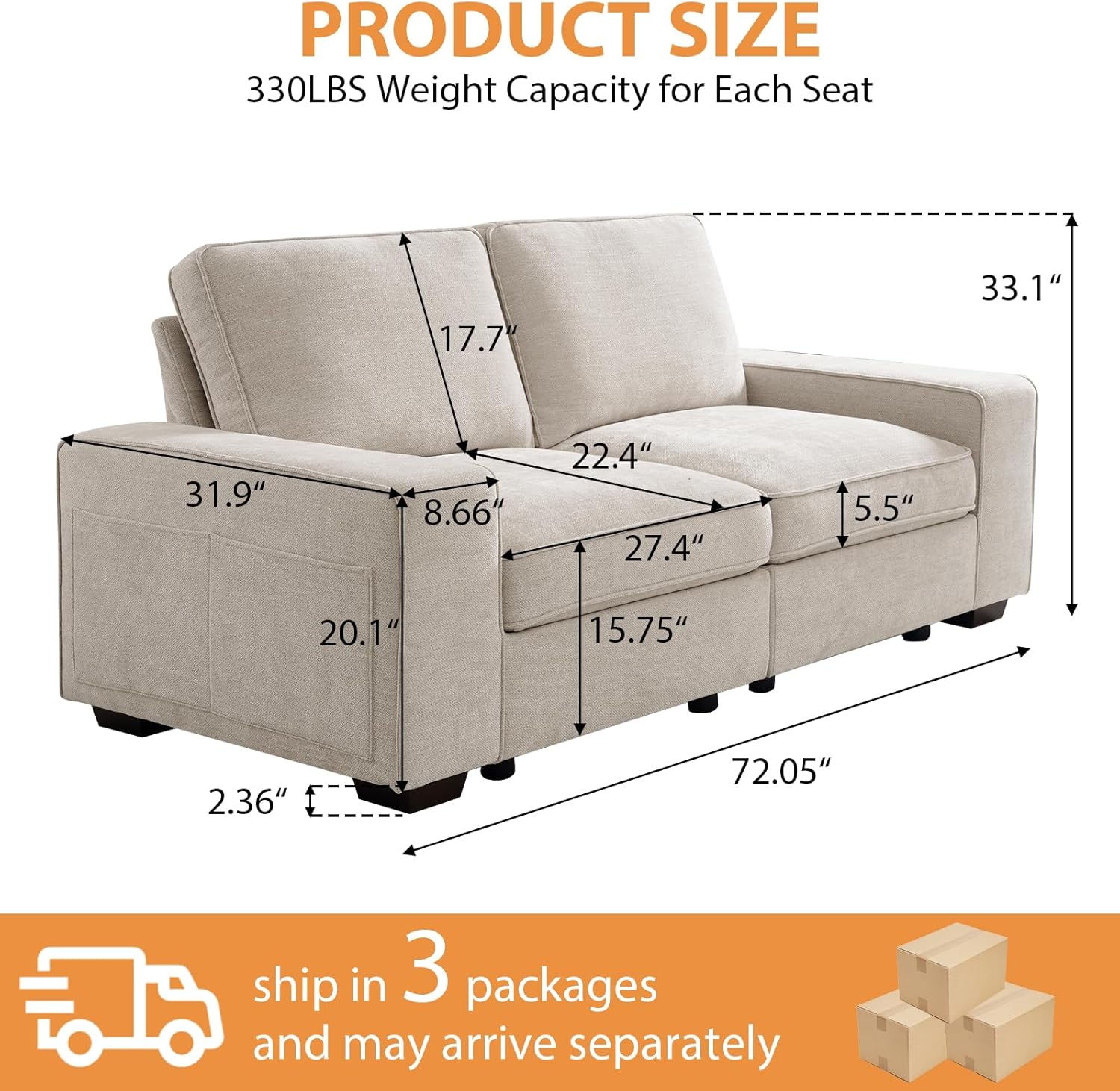 72" Modular Sofa Couch with Seats Storage, Comfy 2-Seater Chenille Fabric Loveseat Sectional Couch for Living Room, Office, Small Space, USB Charging, Side Pockets, Couch with Removable Cover (Beige) Beige 72" Loveseat