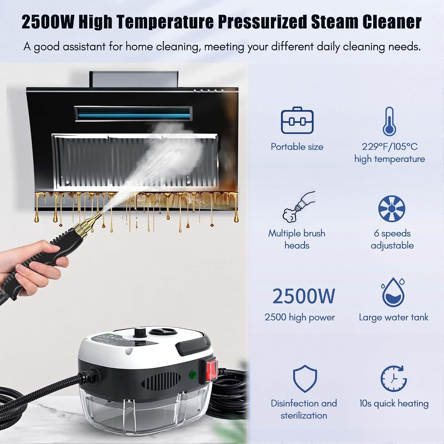 2025 Upgraded Handheld Steam Cleaner,2025 Upgraded Portable Steamer for Cleaning, 2500W High Pressure 229°F/105°C, Includes Nozzle&3 Brushes-Home Dirt, Tile, Car, Kitchen (Single Control-White)