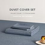 Wake In Cloud - Ensemble de couverture de couettes en coton bleu denim, taille Queen, 100% Coton lavé Couleur unie, Lin comme texturé, Respirant Ensemble de liture neutre ferme durable, 3 Pièces