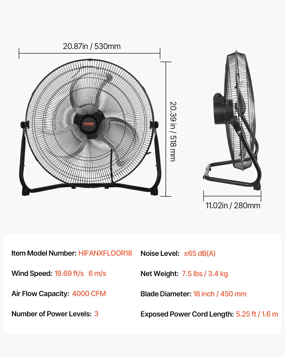 VEVOR Ventilatore da Pavimento, 3 Velocità, Ventilatore Industriale ad Alta Velocità da 450 mm 113,26 m³/min Inclinazione Regolabile a 360° per Casa, Palestra, Ufficio, Garage, Negozio Commerciale