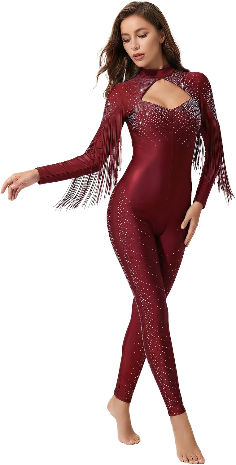 Women Long Sleeve Tassel Romper Performance Costume Sparkle Rhinestone One Piece Figure Skating Jumpsuit