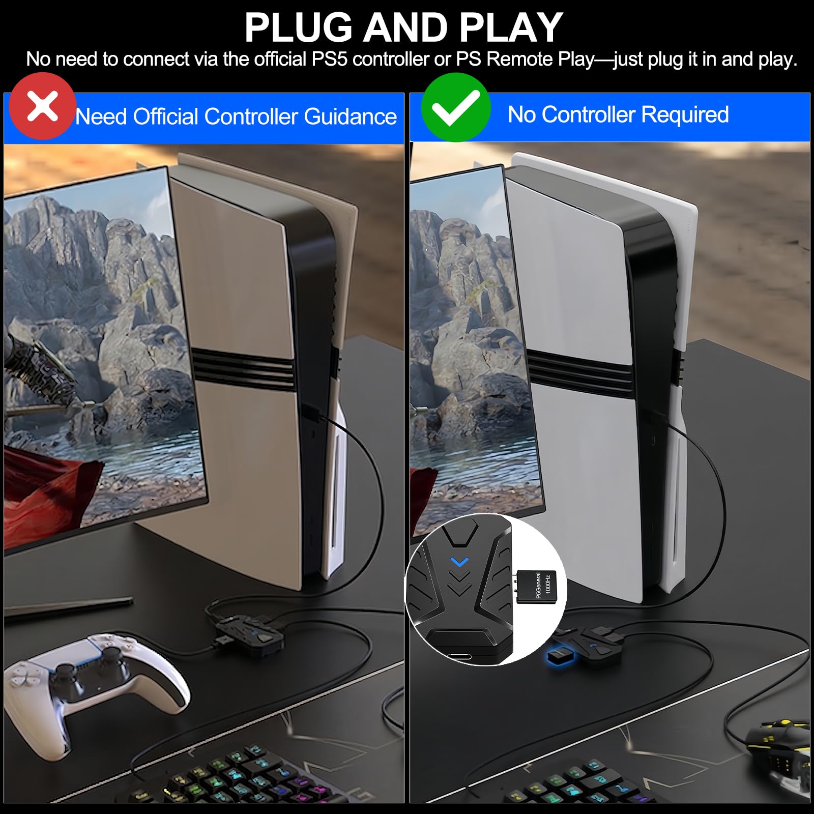 Adattatore tastiera e mouse per PS5/PS5 Slim/PS5 Pro con adattatore generale P5, convertitore console a ritardo ultra basso 1000Hz per PlayStation 5 Supporta regolare la sensibilità del mouse