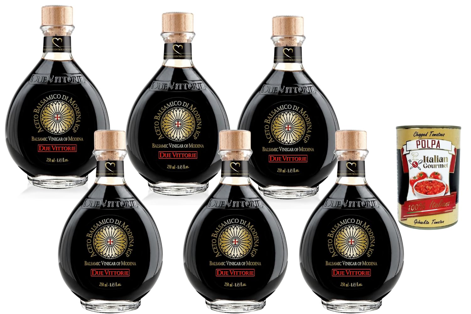 Italian Gourmet Aceto Balsamico di Modena IGP, 6 x 250ml, Essig gereift | Condimento tradizionale dal profilo intenso; aromatisch zu Insalata, Gesamtnettogewicht 1,5 L + Kostenlos Polpa 400g