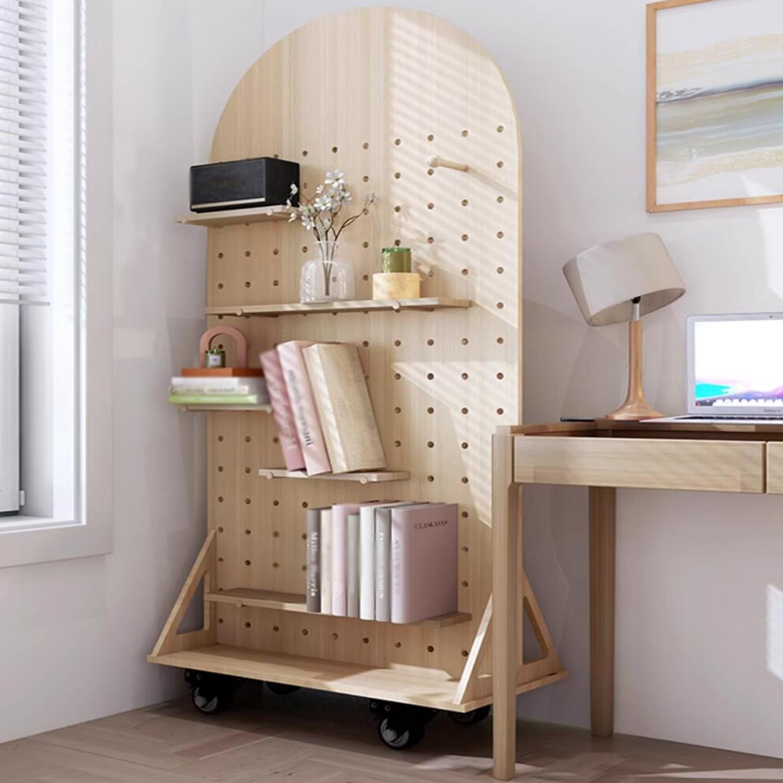 Hölzerner Pegboard-Werkzeug-Organizer, bewegliches Pegboard-Rack, DIY-Aufbewahrungs- und Anzeigetafelständer, dekoratives Pegboard-Kombinationsset für Küche/Arbeitszimmer/Garage (Holz)