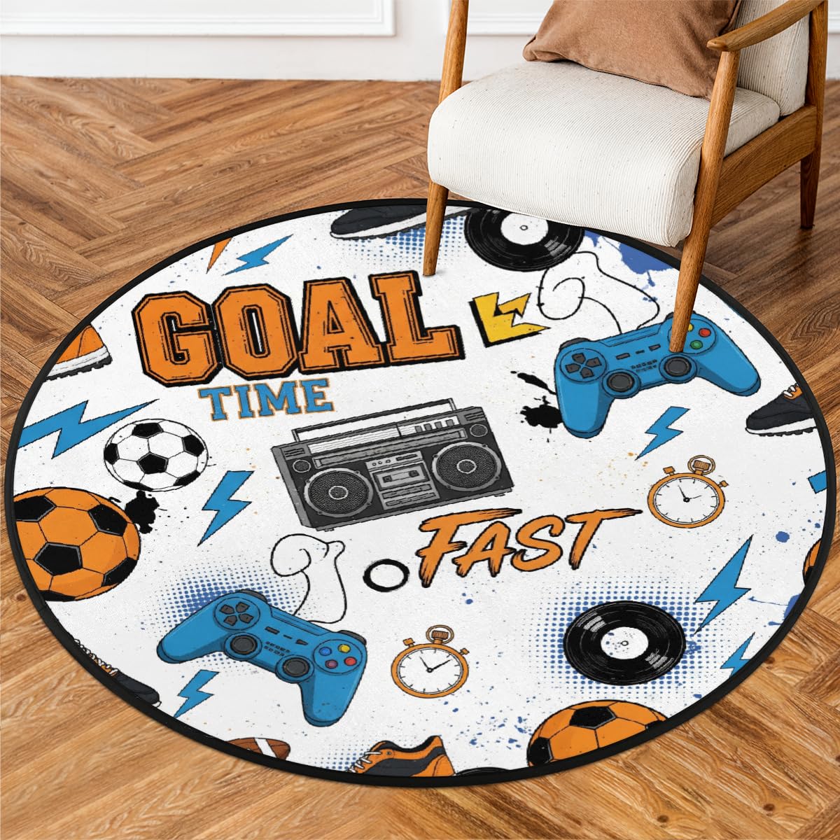Tapis rond lavable et antidérapant de 90 cm pour salon et chambre