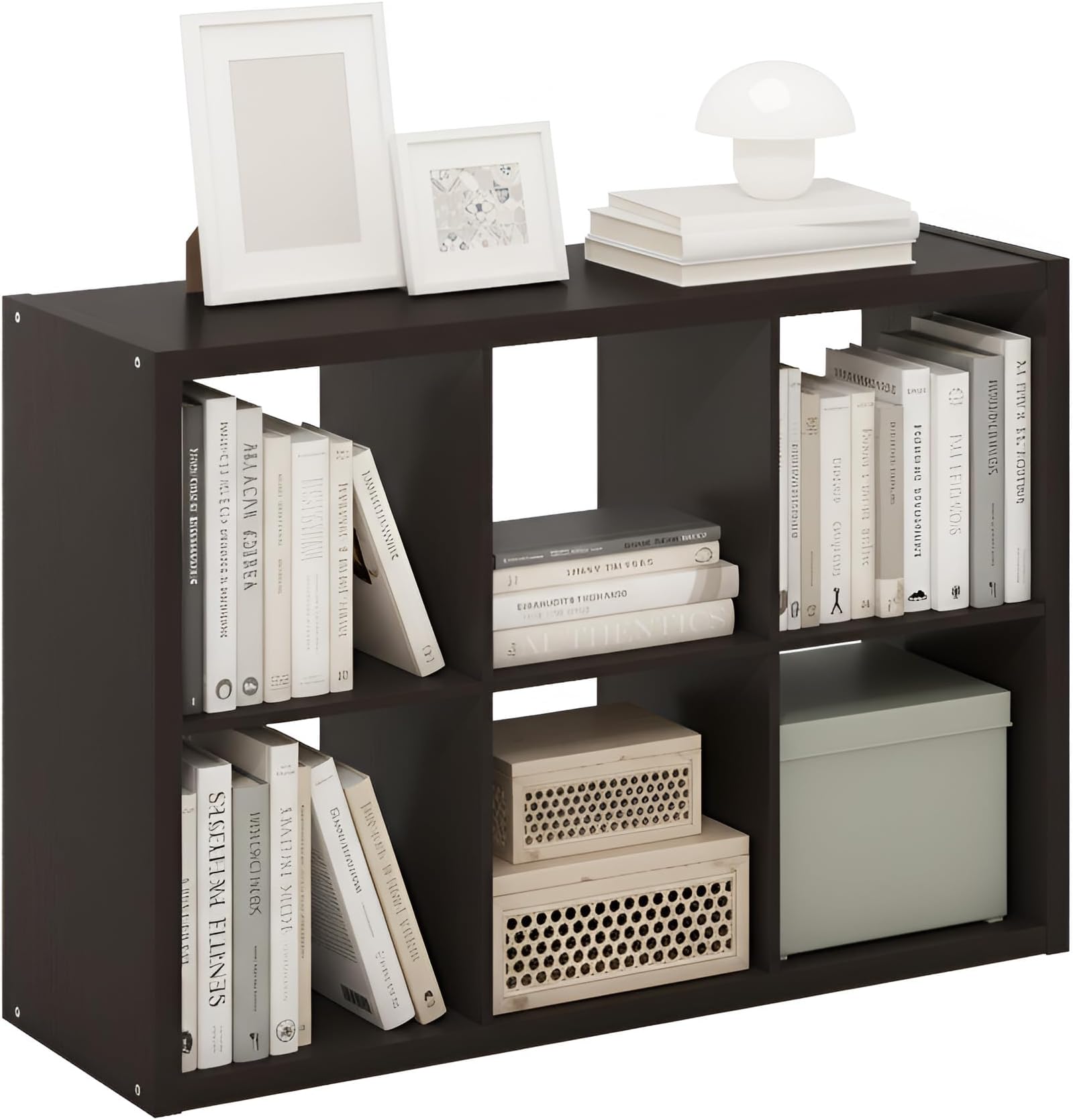 Furinno Cubicle Book Shelf, 6-Cube Bookshelf, Extra Thick Frame Horizontally & Vertically Reversible Bookcase with Open Back, 14.6" x 44" x 30", for Living Room, Bedroom, Home Office, Black Dark Oak