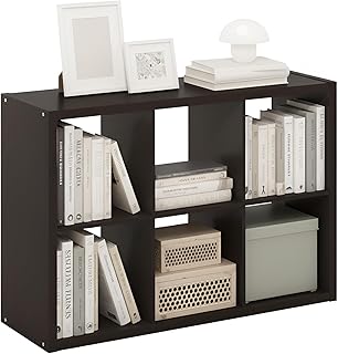 Furinno CUBICLE Book Shelf, 6-Cube Bookshelf, Extra Thick Frame Horizontally & Vertically Reversible Bookcase with Open Back, 14.6" x 44" x 30", for Living Room, Bedroom, Home Office, Black Dark Oak