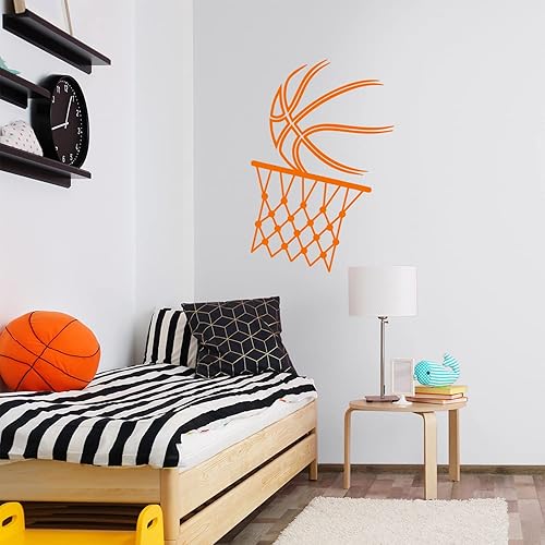 Calcomanía de vinilo para pared, pelota de baloncesto y aro, 21 x 14 pulgadas, diseño positivo y divertido para el hogar, habitación de los niños,
