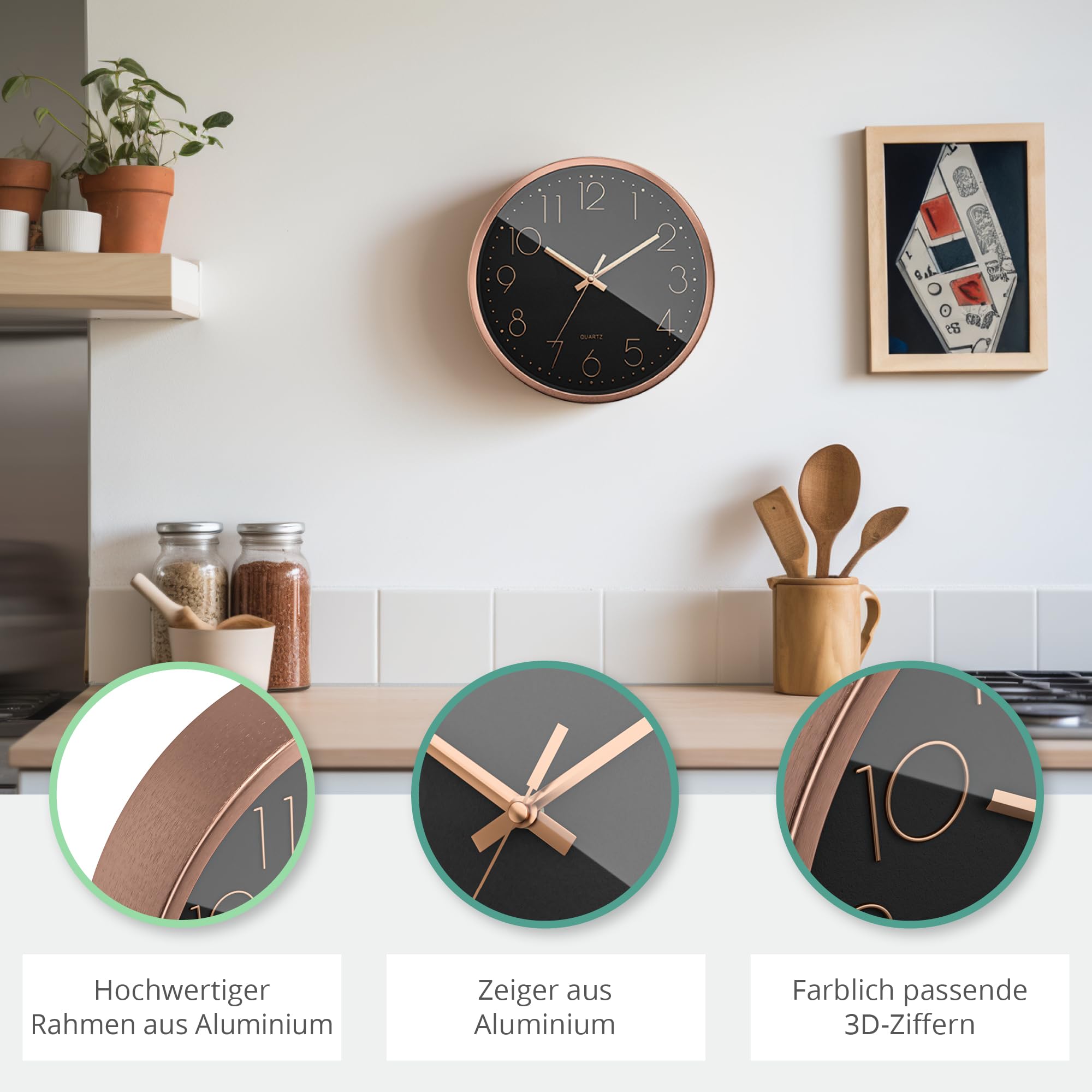 Mebus Kwartswandklok, stille werking - geen ticktack geluid, nauwkeurig kwartsuurwerk, afdekking van koepelglas - opvallend design, Arabische wijzerplaat, diameter: 20 cm