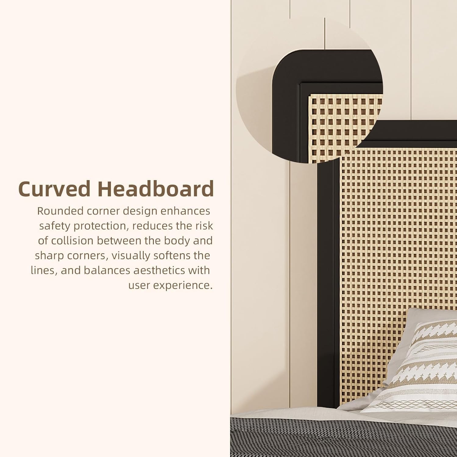 Rattan Queen Bed Frame with Headboard, Boho Metal Platform Bed Frame Queen Size with Steel Slats Support, Rounded Corners, No Box Spring Needed, Noise Free, Easy Assembly, Black