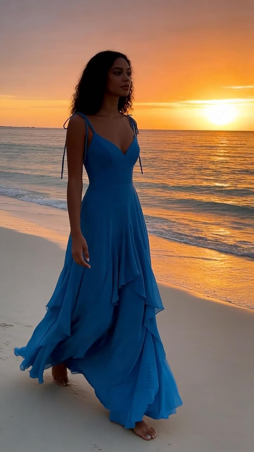 Spaghetti Straps V-Neck Bridesmaid Dresses A-Line Tiered Evening Dress Maxi Chiffon Ruffles Formal Prom Gowns